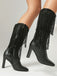 Metallic Pointed-toe Fringe Block-heel High Boots