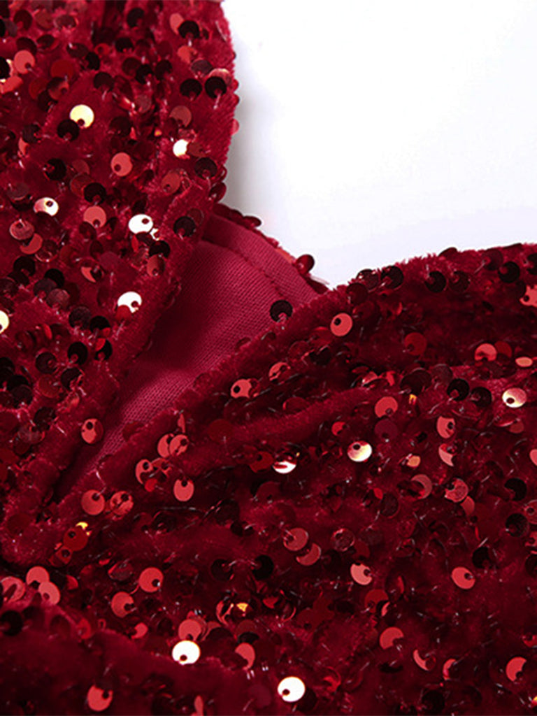 Wine Red 1980s Strapless Sequin Feather Trim Mini Dress