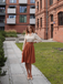 Khaki 1950s Colorblock Long Sleeve Button Dress