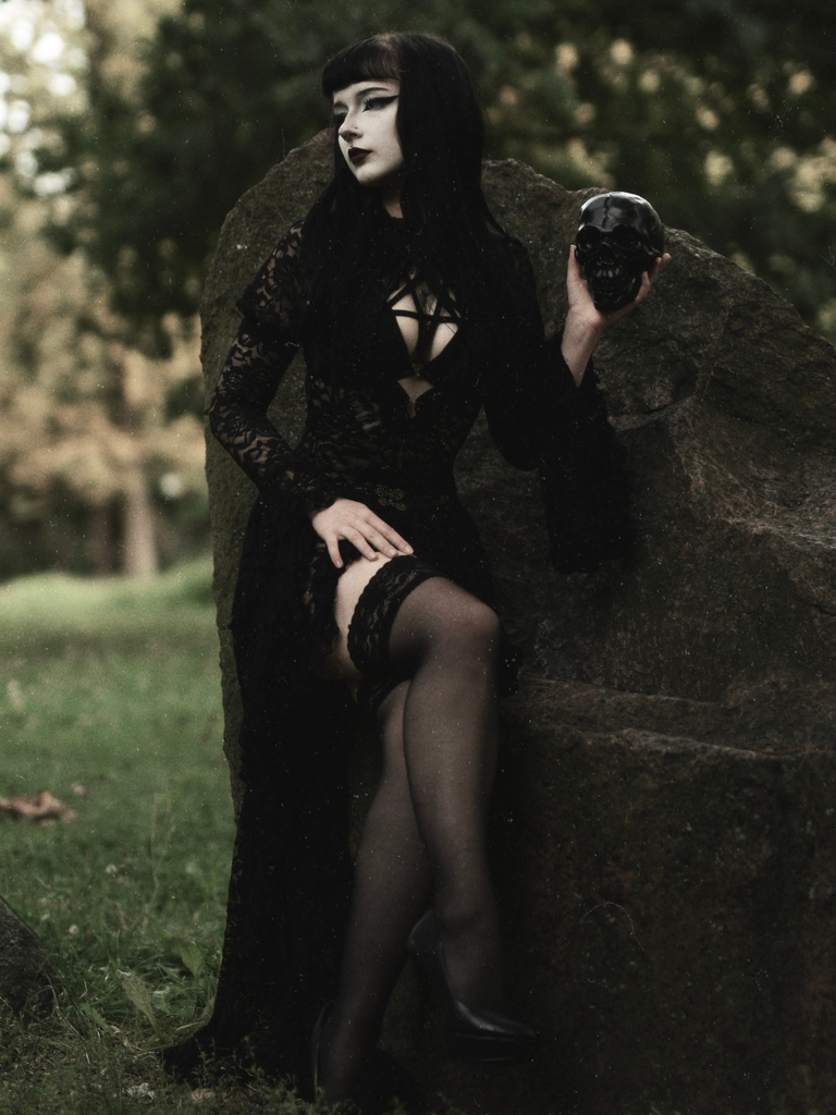 Black 1980s Gigot Sleeve Victorian Lace Dress