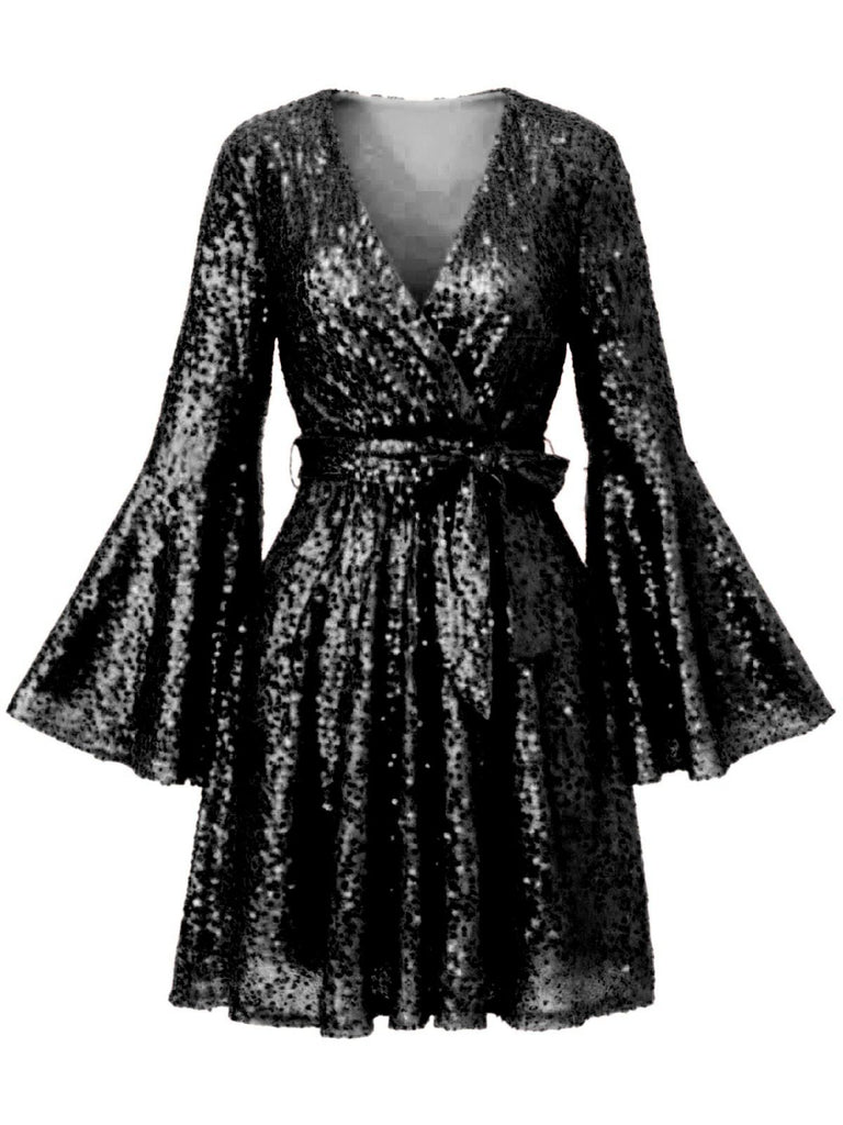 1970s V-Neck Flare Sleeve Sequined Disco Dress