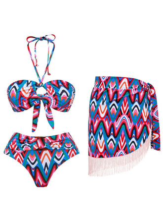 3PCS 1970s Fringe Print Lace-up Halter Bikini Set & Cover Up