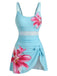 1940s Floral Strappy Scoop-Neck Tie Mesh Swim Dress