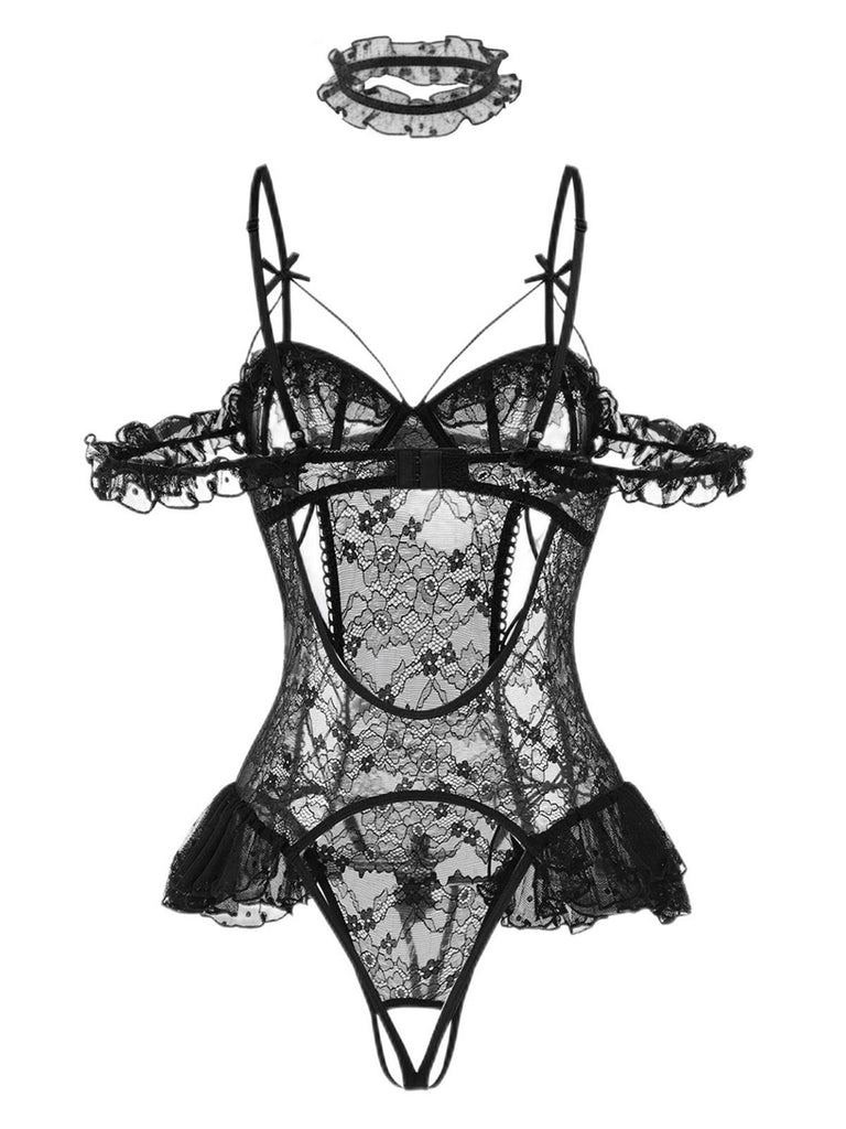 1980s Solid Lace Sheer Bodysuit Nighties