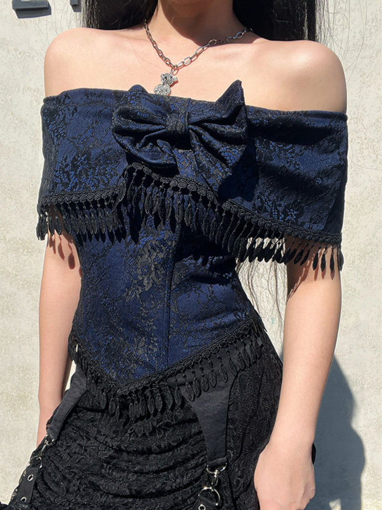Dark Blue 1930s Halloween Off-Shoulder Lace Tassel Top