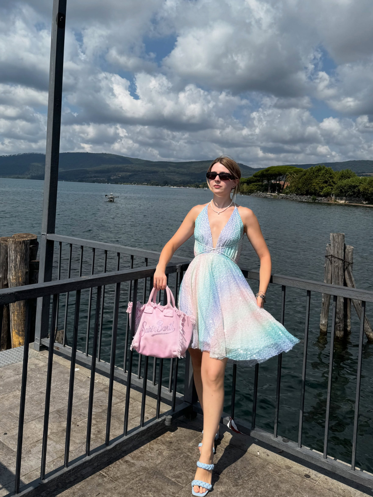 Y2K Rainbow Sequins Deep V-Neck Backless Dress