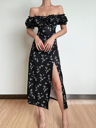 Black 1960s Side Slit Ditsy Floral Off-Shoulder Dress