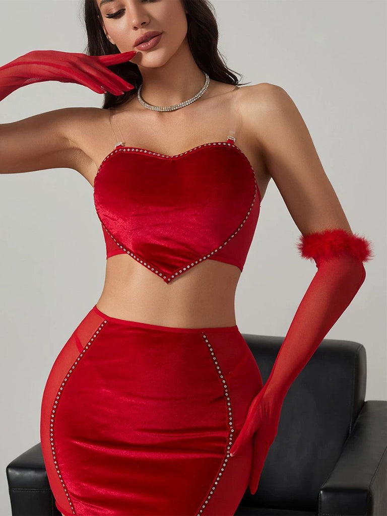 2PCS Red 1980s Velvet Heart Cutout Crop Top & Skirt