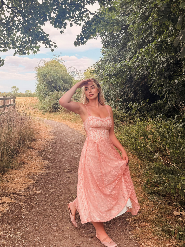 Pink 1940s Lace Sweetheart Neck Spaghetti Strap Corset Dress