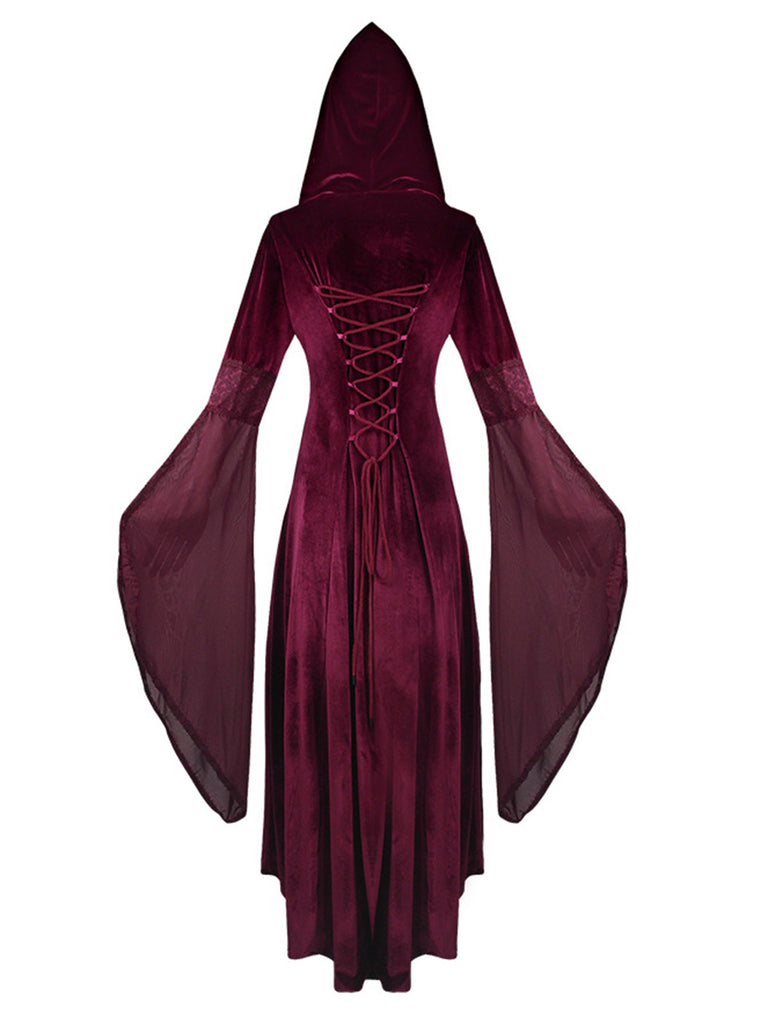 1980s Velvet Medieval Lace-Up Hooded Dress
