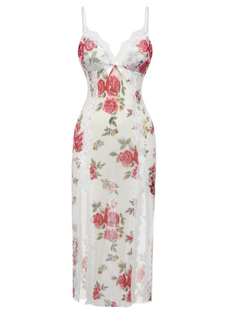 White 1930s Lace Floral Mesh Spaghetti Straps Nightgown