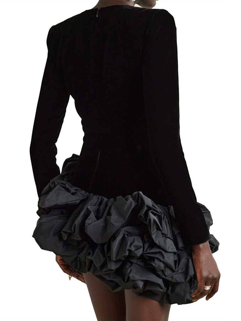 Black 1980s Asymmetric Layered Ruffle Hem Velvet Dress