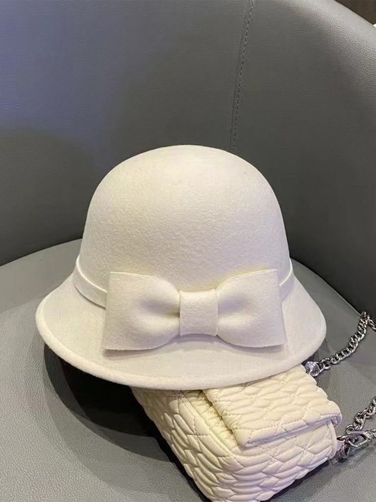 Vintage Solid Faux Wool Bowknot Cloche Hat