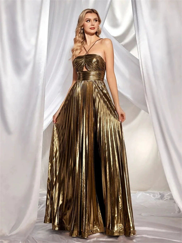 Gold 1930s Metallic Cross Halter Pleated Dress
