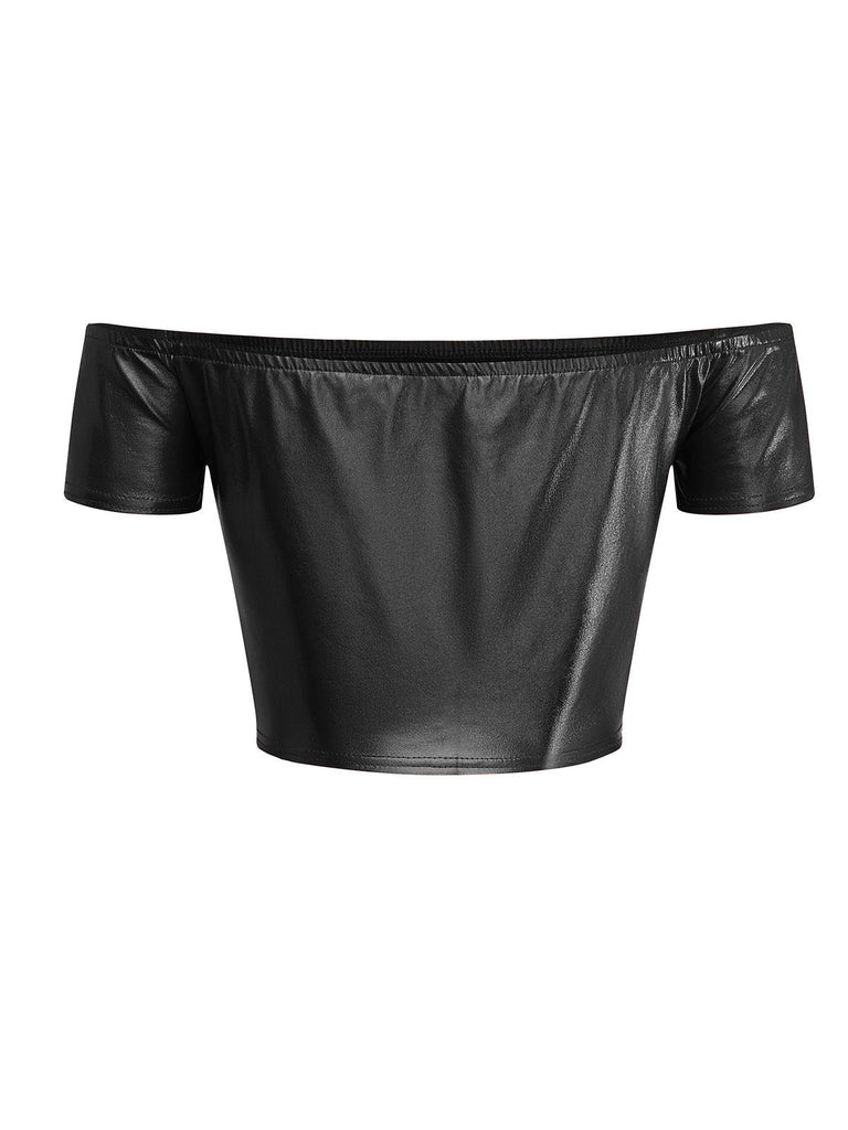 1970s Disco Metallic Off-Shoulder Short Sleeve Top