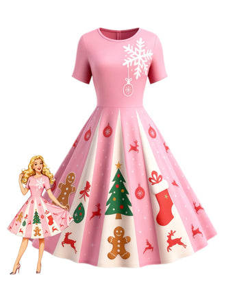 [Pre-Sale] Pink 1950s Christmas Snowflake Swing Dress