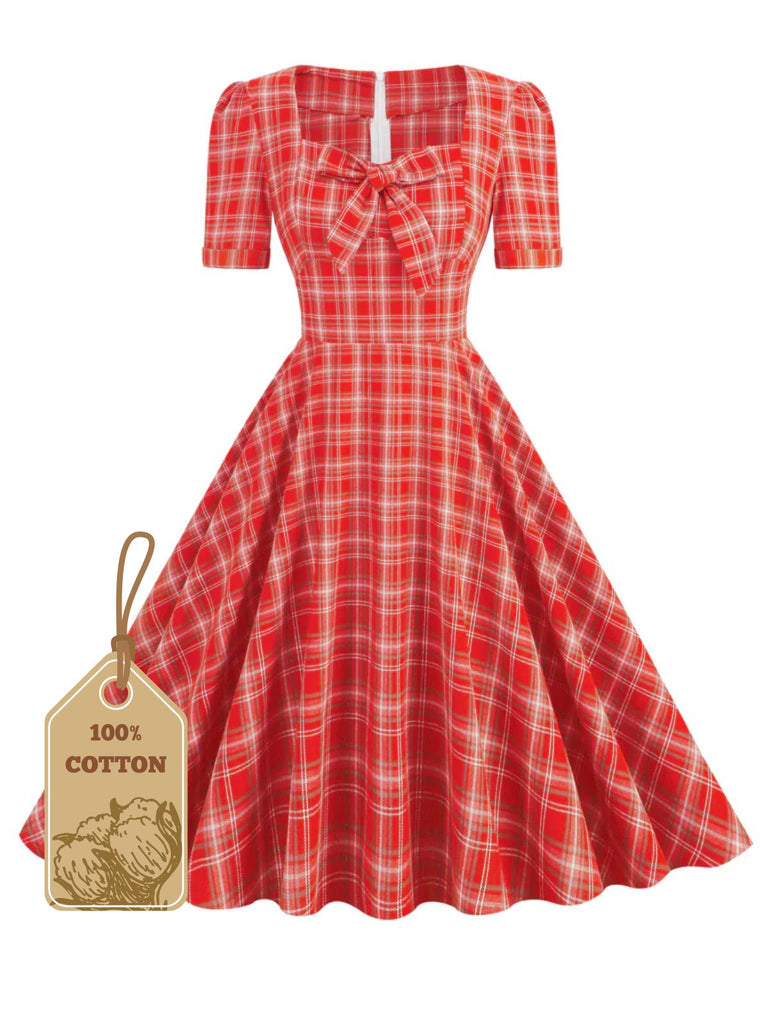 1950s Gingham Plaid Square Neck Flared Dress