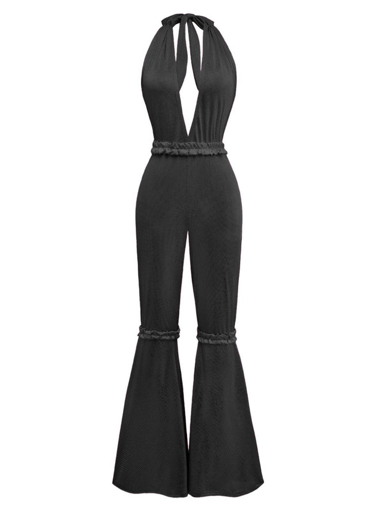 1970s Sheer Solid Deep V-Neck Flare Jumpsuit