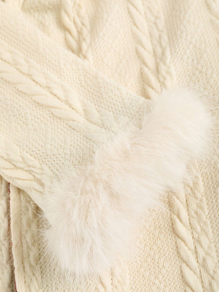 [Plus Size] Ivory 1950s Knit Fur Trimmed Hooded Coat