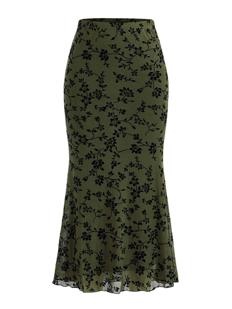 1930s Flocked Floral Maxi Mermaid Skirt