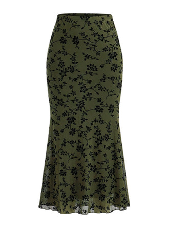 1930s Flocked Floral Maxi Mermaid Skirt