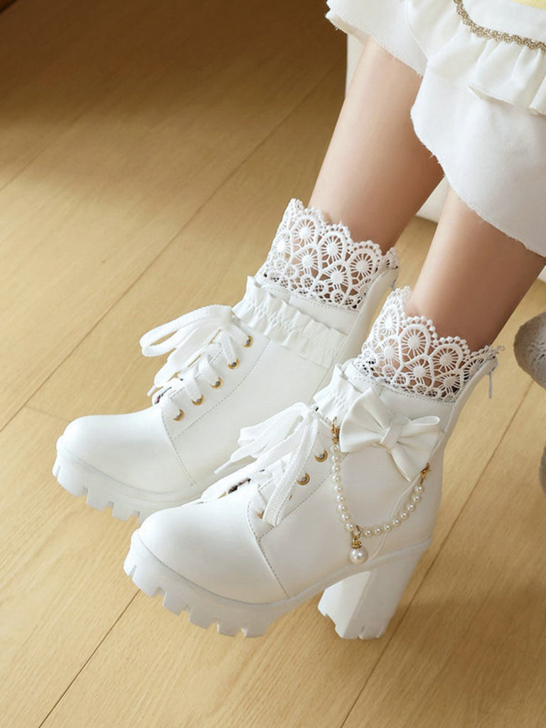 Vintage Lace Beaded Bow Chunky Heels Boots