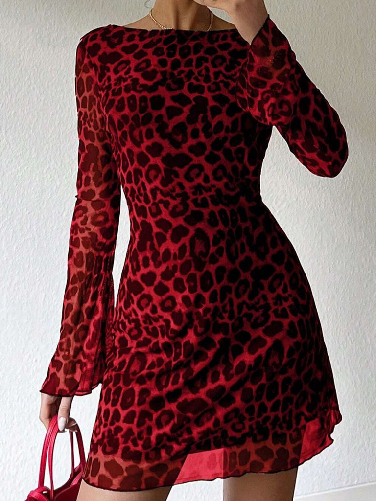 1980s Leopard Sheer Long-Sleeve Backless Dress