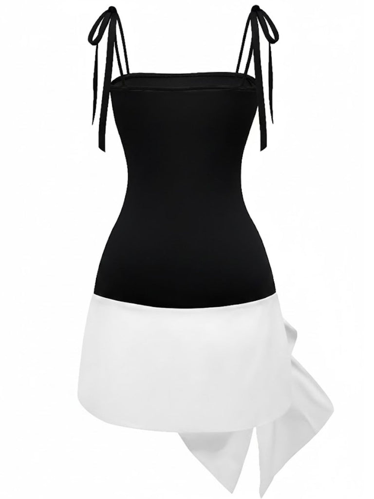 Black 1960s Square Neck Red Bow Tie Dress