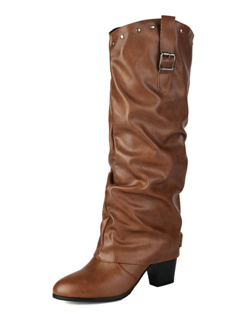 Vintage Studded Buckle Mid-Calf Boots