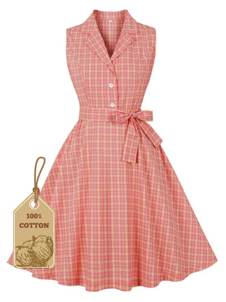 Pink 1950s Plaid Buttoned Lapel Belted Dress