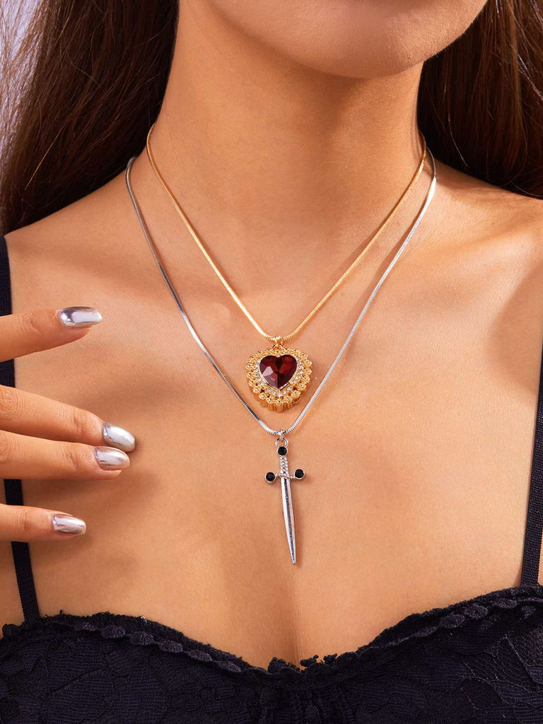 2PCS Vintage Rhinestone Heart-Shaped Ruby & Sword Necklace
