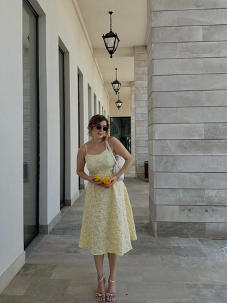 Yellow 1950s Floral Jacquard Textured Spaghetti Strap Midi Dress
