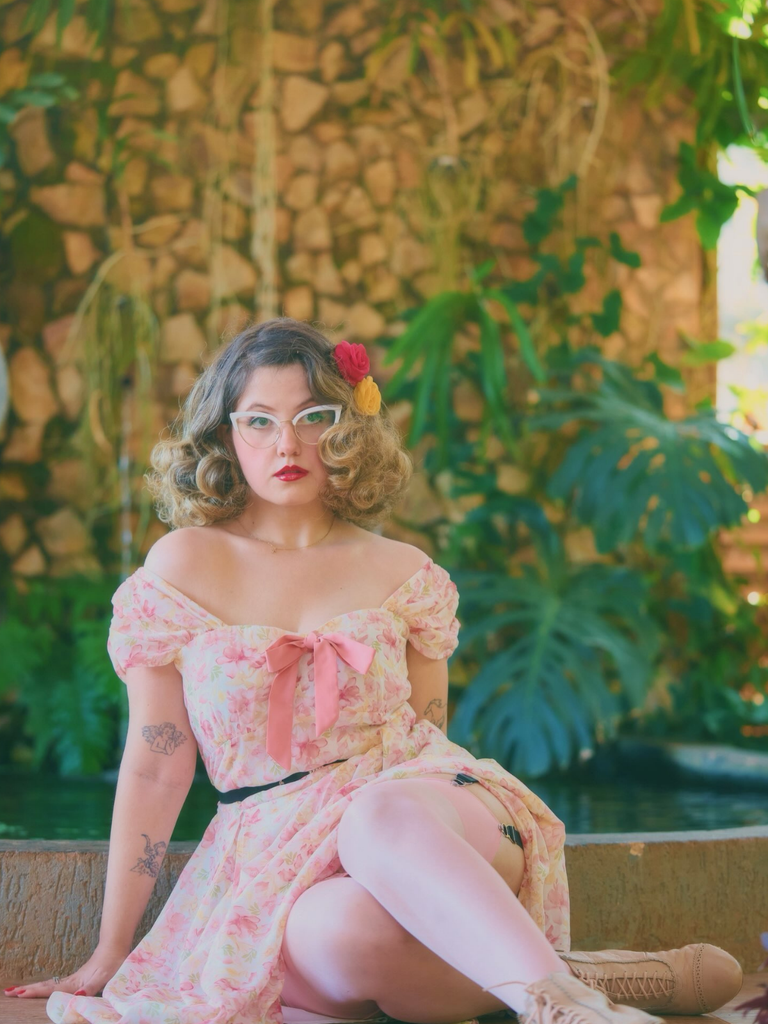 Pink 1950s Floral Sweetheart Neck Bow Dress