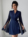 Blue 1980s Solid Slit Mesh Sleeves Bow Lapel Dress