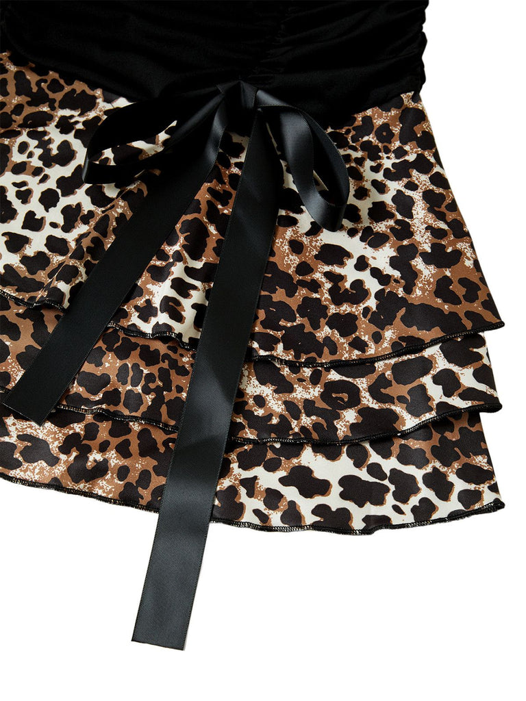 1980s Wrap Leopard Ruffle Tie Mini Dress