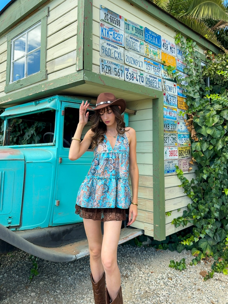 1970s Boho Paisley Halter Deep-V Backless Mini Dress