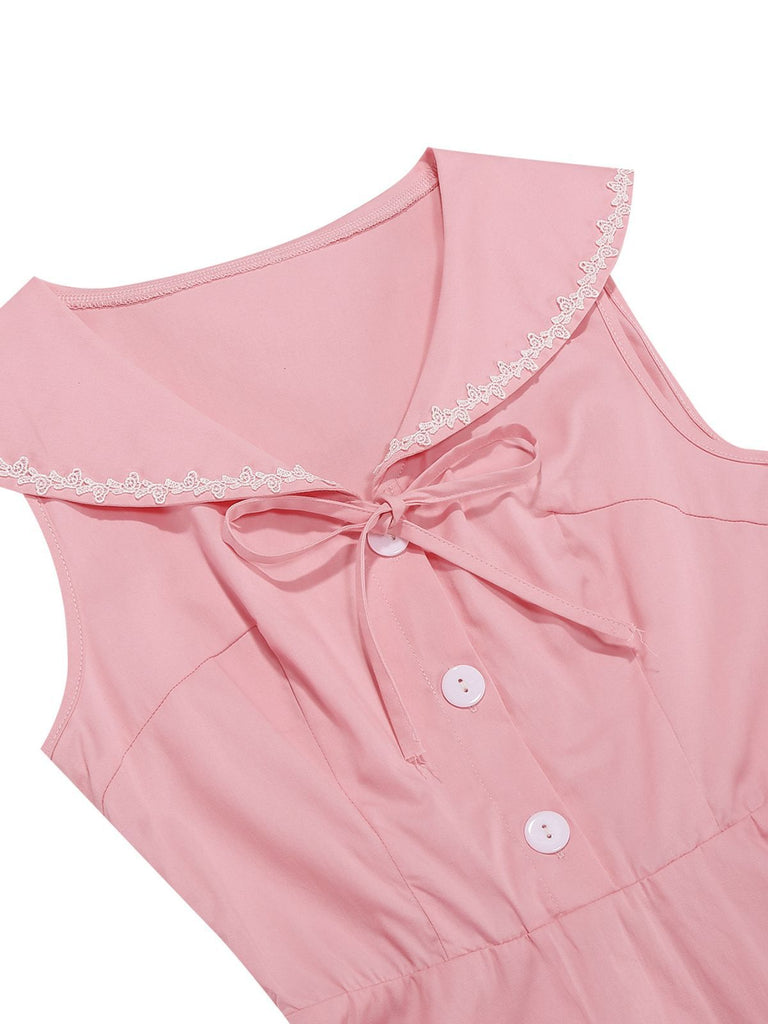 1950s Sailor Collar Bow-Tie Solid Sleeveless Dress