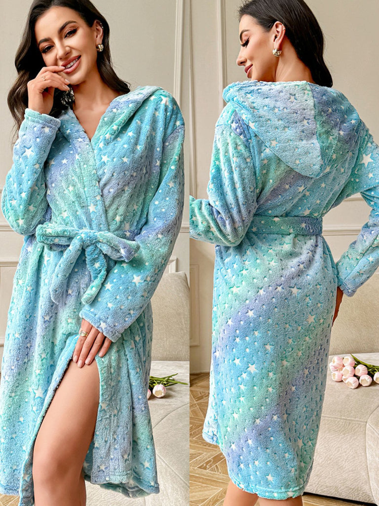 Blue 1980s Star Print Hooded Fleece Robe