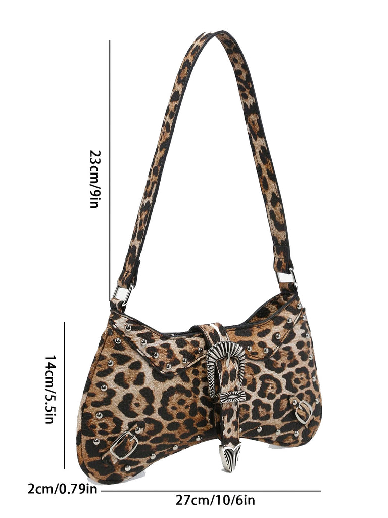 Vintage Leopard Studded Shoulder Bag