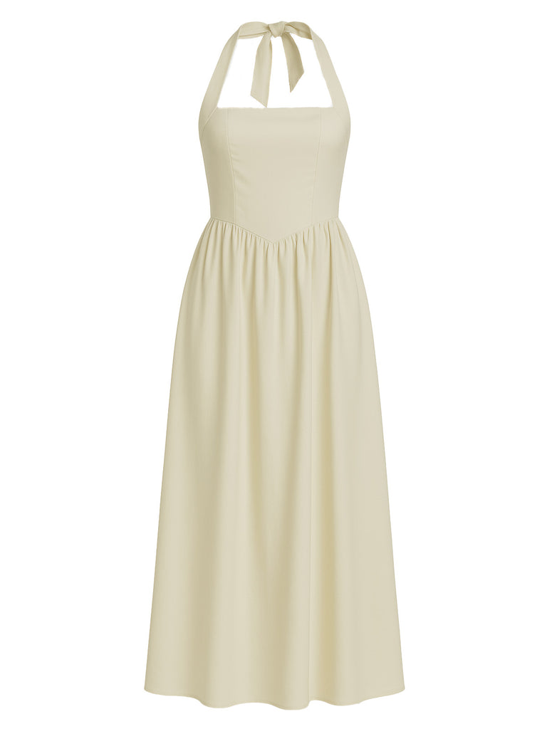 1940s Solid Wide-Strap Halter Backless Dress