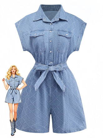 Blue 1980s Denim Button-Down Utility Romper
