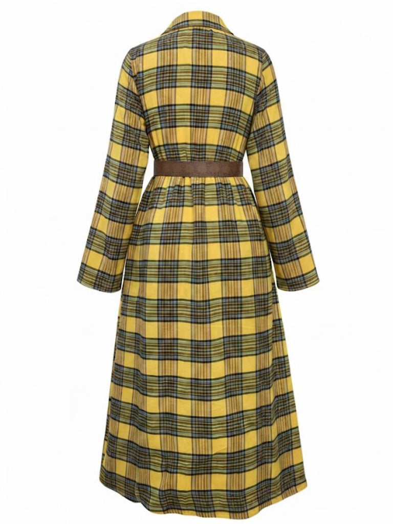 1940s Tartan Plaid Long Sleeve Belted Shirt Dress