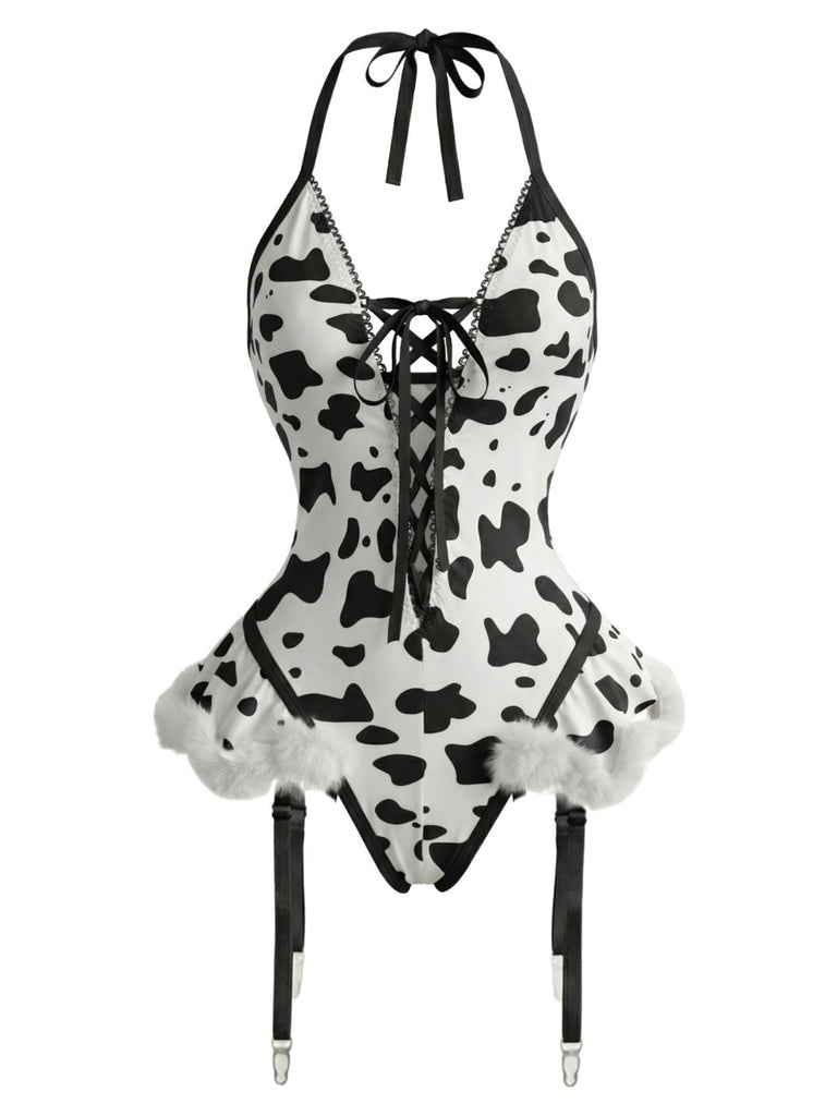 1960s Cow-Spotted Halter Lace-Up Plush Lingerie Set