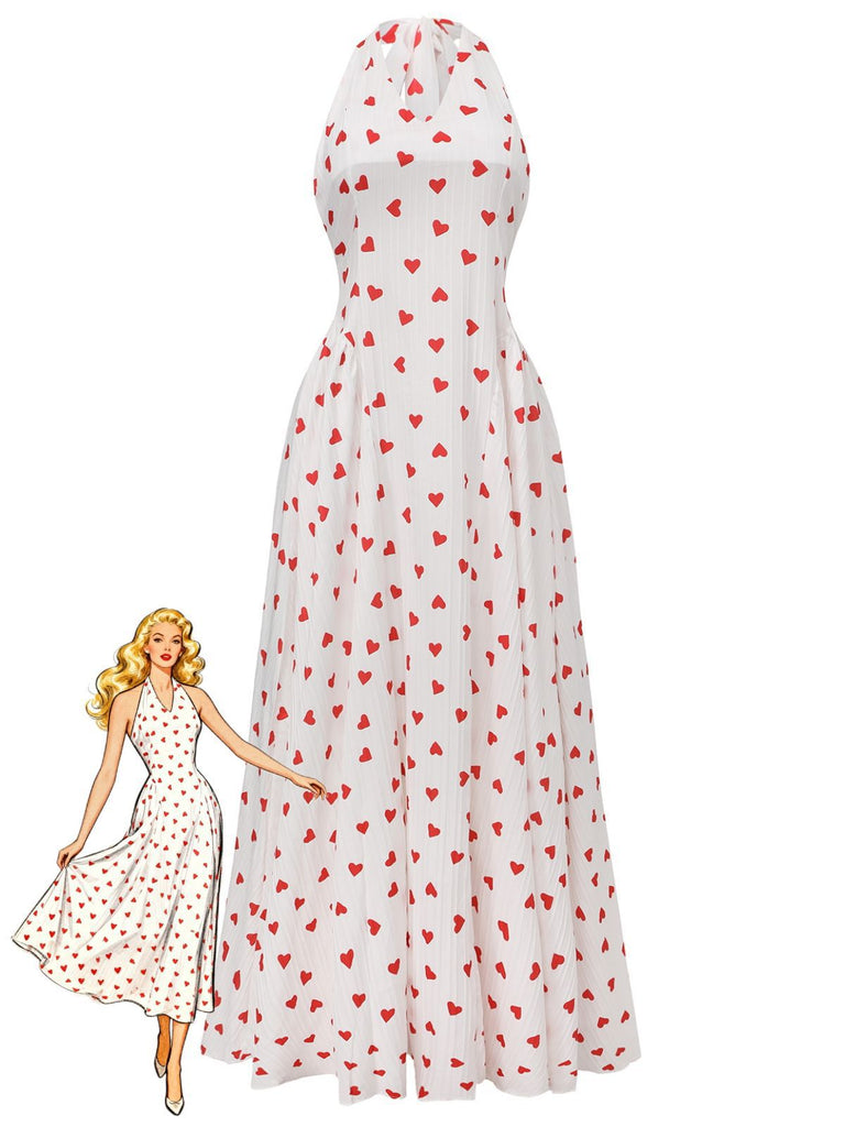 Red 1930s Heart V-Neck Backless Tie Halter Dress