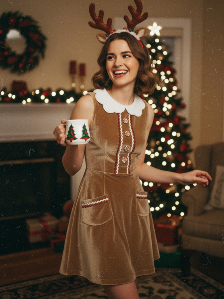 [Pre-Sale] Brown 1960s Christmas Gingerbread Velvet Dress
