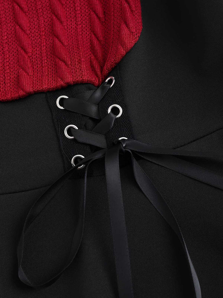 [Plus Size] Wine Red 1950s Colorblock Knit Patchwork Dress