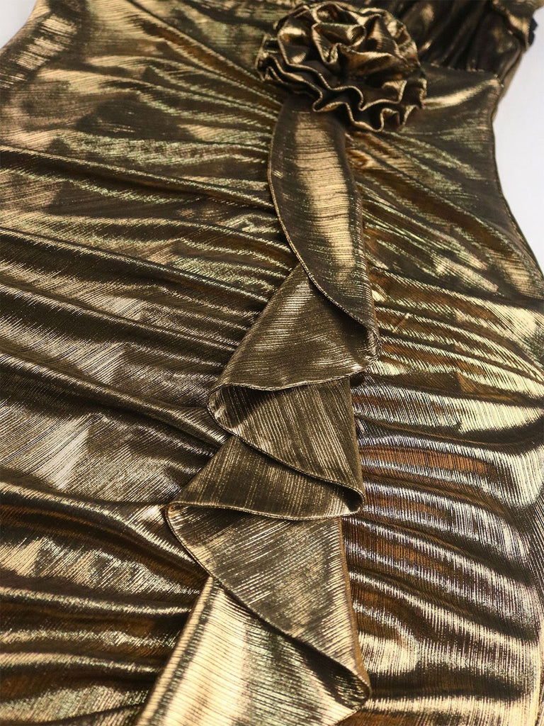 1930s Metallic Textured Floral Cinched Waist Fishtail Dress