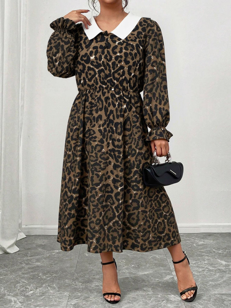 [Plus Size] 1970s Leopard Print Lapel Long Sleeve Dress