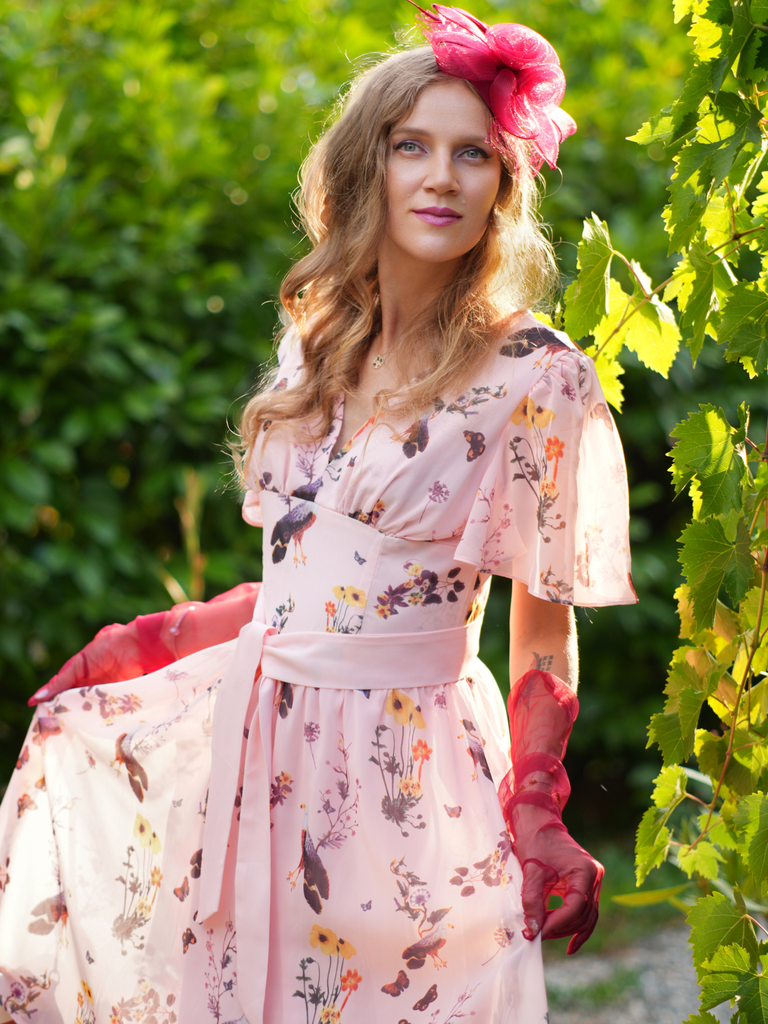 Pink Flowers And Birds Bowknot V-Neck Dress