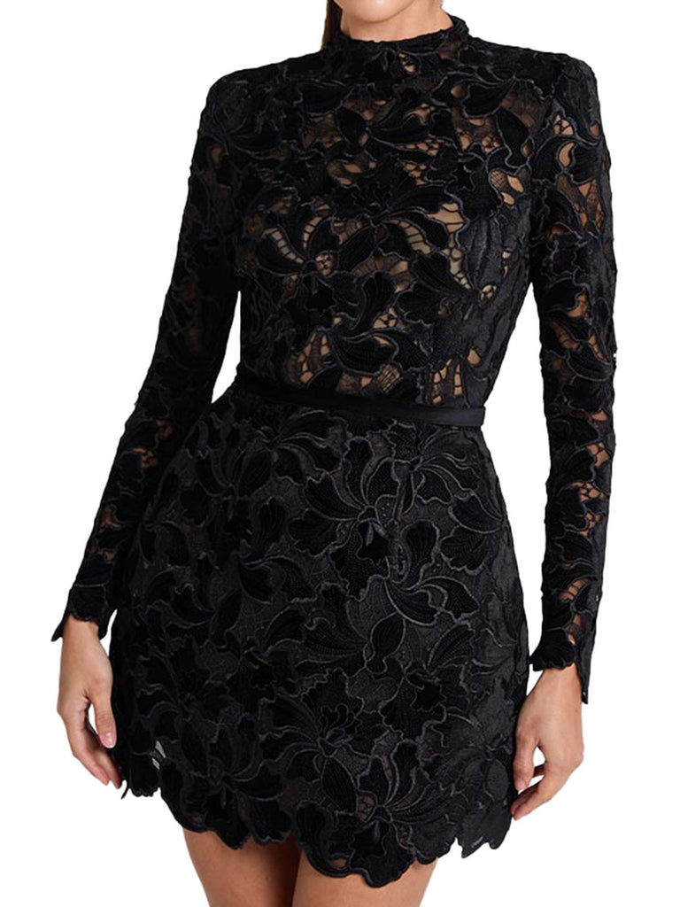 1960s Flocked Floral Lace Half Turtleneck Dress